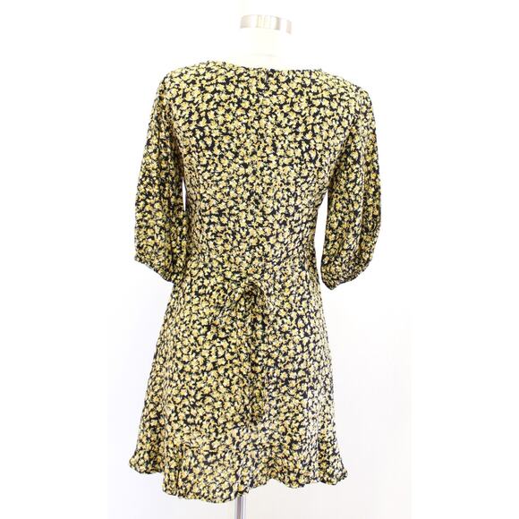 Faithfull the Brand Yellow Black Floral Ruffle Hem Tie Waist Mini Dress Size 4 - Picture 7 of 7